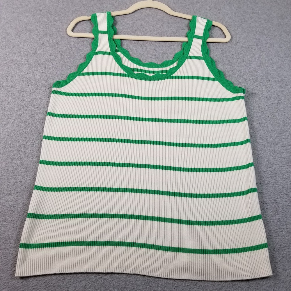 Tank Top Womens XL Extra Large Green White Striped Scallop Trim Stretch Rib Knit